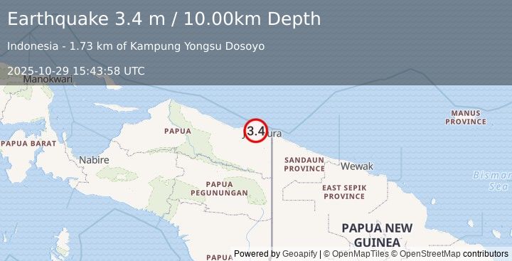 Earthquake NEAR N COAST OF PAPUA, INDONESIA (3.4 m) (2025-10-29 15:43:58 UTC)