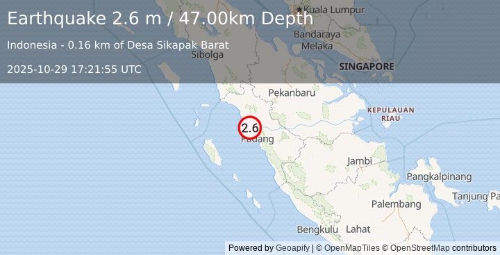 Earthquake SOUTHERN SUMATRA, INDONESIA (2.6 m) (2025-10-29 17:21:55 UTC)