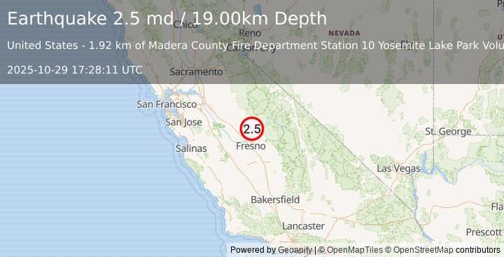 Earthquake CENTRAL CALIFORNIA (2.5 md) (2025-10-29 17:28:11 UTC)