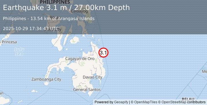Earthquake MINDANAO, PHILIPPINES (3.1 m) (2025-10-29 17:34:43 UTC)