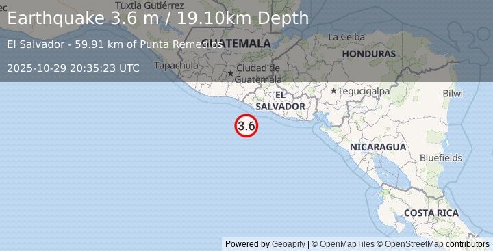 Earthquake OFFSHORE EL SALVADOR (3.6 m) (2025-10-29 20:35:23 UTC)