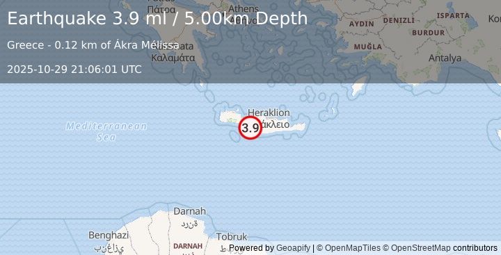 Earthquake CRETE, GREECE (3.7 ml) (2025-10-29 21:06:00 UTC)