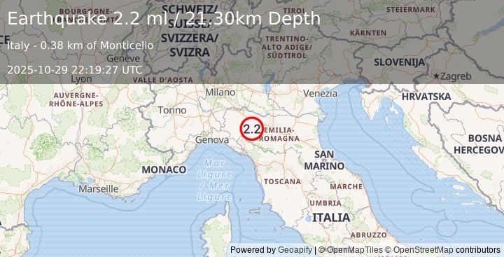 Earthquake NORTHERN ITALY (2.2 ml) (2025-10-29 22:19:27 UTC)