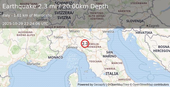 Earthquake NORTHERN ITALY (2.3 ml) (2025-10-29 22:24:06 UTC)