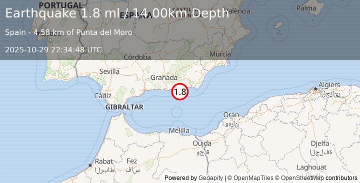 Earthquake STRAIT OF GIBRALTAR (1.8 ml) (2025-10-29 22:34:48 UTC)