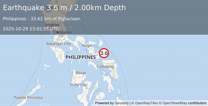 Earthquake CATANDUANES, PHILIPPINES (3.6 m) (2025-10-29 23:02:55 UTC)
