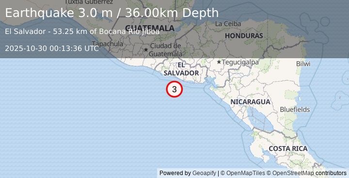 Earthquake OFFSHORE EL SALVADOR (3.0 m) (2025-10-30 00:13:36 UTC)