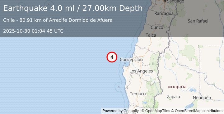 Earthquake OFFSHORE BIO-BIO, CHILE (3.9 ml) (2025-10-30 01:04:49 UTC)