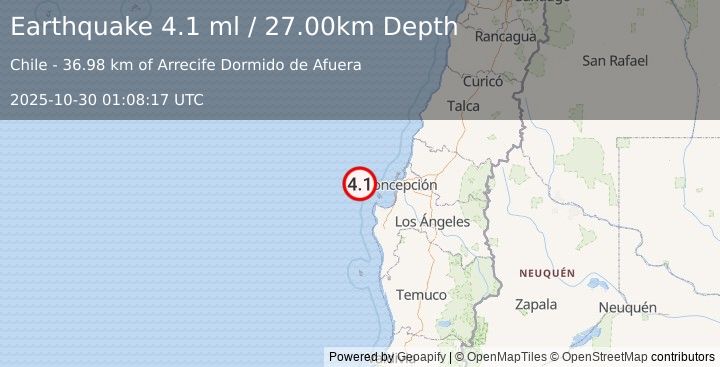 Earthquake OFFSHORE BIO-BIO, CHILE (4.2 ml) (2025-10-30 01:08:20 UTC)