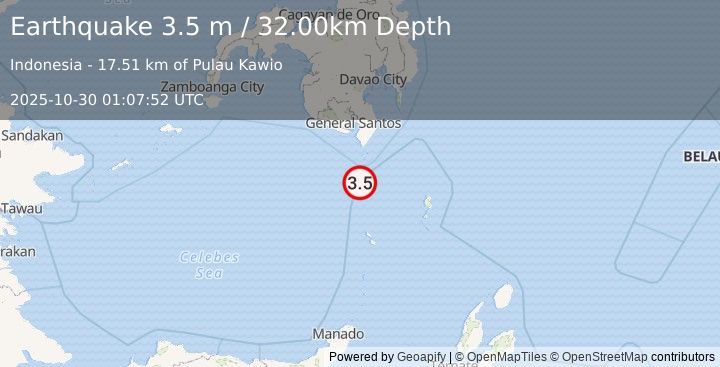 Earthquake KEPULAUAN SANGIHE, INDONESIA (3.5 m) (2025-10-30 01:07:52 UTC)