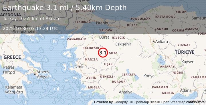 Earthquake WESTERN TURKEY (3.1 ml) (2025-10-30 03:13:24 UTC)