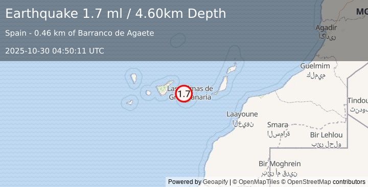 Earthquake CANARY ISLANDS, SPAIN REGION (1.7 ml) (2025-10-30 04:50:11 UTC)