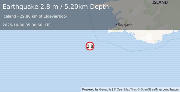 Earthquake ICELAND REGION (2.8 m) (2025-10-30 05:00:50 UTC)