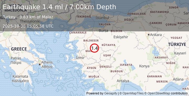 Earthquake WESTERN TURKEY (1.4 ml) (2025-10-30 05:05:58 UTC)