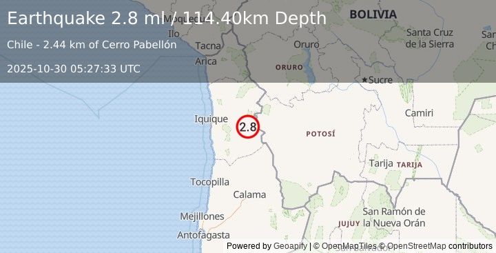 Earthquake TARAPACA, CHILE (2.8 ml) (2025-10-30 05:27:33 UTC)