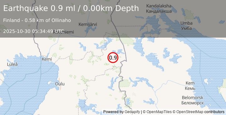 Earthquake FINLAND-RUSSIA BORDER REGION (0.9 ml) (2025-10-30 05:34:49 UTC)