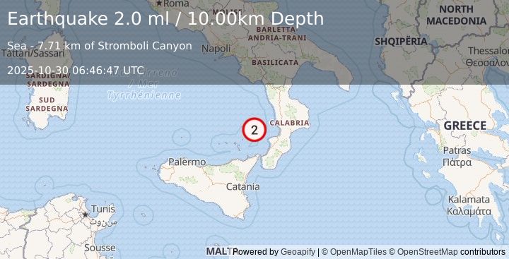 Earthquake SICILY, ITALY (2.0 ml) (2025-10-30 06:46:47 UTC)