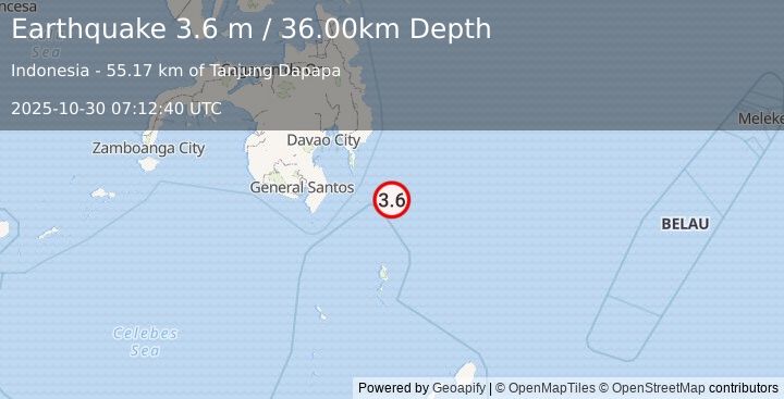 Earthquake MINDANAO, PHILIPPINES (3.6 m) (2025-10-30 07:12:40 UTC)