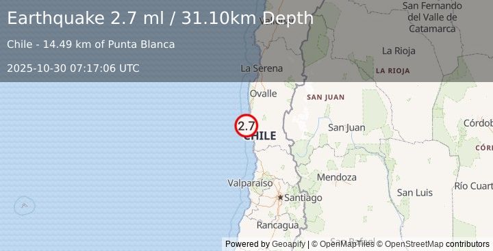 Earthquake OFFSHORE COQUIMBO, CHILE (2.7 ml) (2025-10-30 07:17:06 UTC)