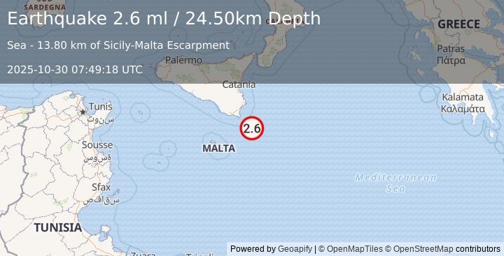 Earthquake SICILY, ITALY (2.6 ml) (2025-10-30 07:49:18 UTC)