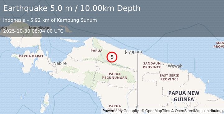 Earthquake NEAR N COAST OF PAPUA, INDONESIA (4.9 mb) (2025-10-30 08:04:02 UTC)