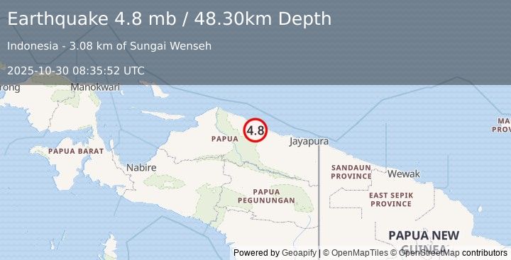 Earthquake NEAR N COAST OF PAPUA, INDONESIA (4.8 mb) (2025-10-30 08:35:52 UTC)