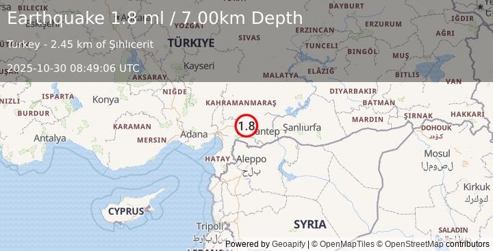 Earthquake CENTRAL TURKEY (1.8 ml) (2025-10-30 08:49:06 UTC)