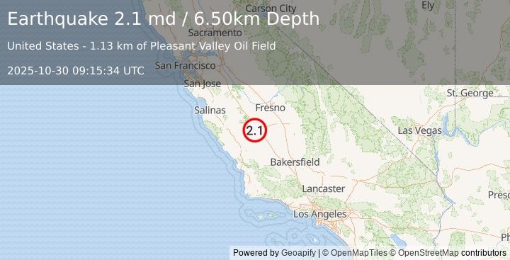 Earthquake CENTRAL CALIFORNIA (2.1 md) (2025-10-30 09:15:34 UTC)