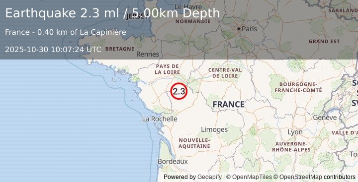 Earthquake FRANCE (2.3 ml) (2025-10-30 10:07:24 UTC)