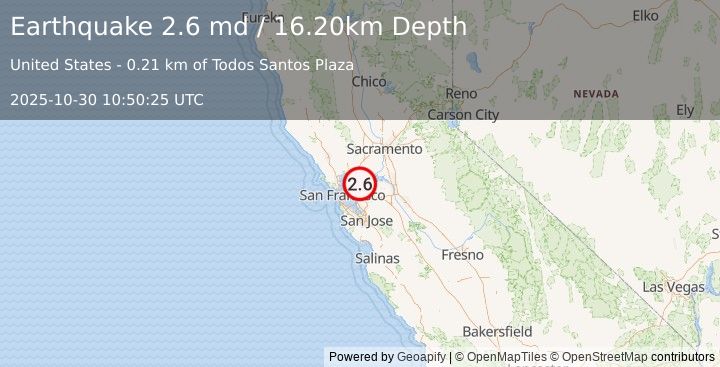 Earthquake SAN FRANCISCO BAY AREA, CALIF. (2.6 md) (2025-10-30 10:50:25 UTC)