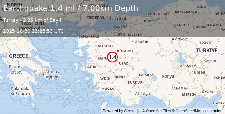 Earthquake WESTERN TURKEY (1.4 ml) (2025-10-30 13:26:53 UTC)
