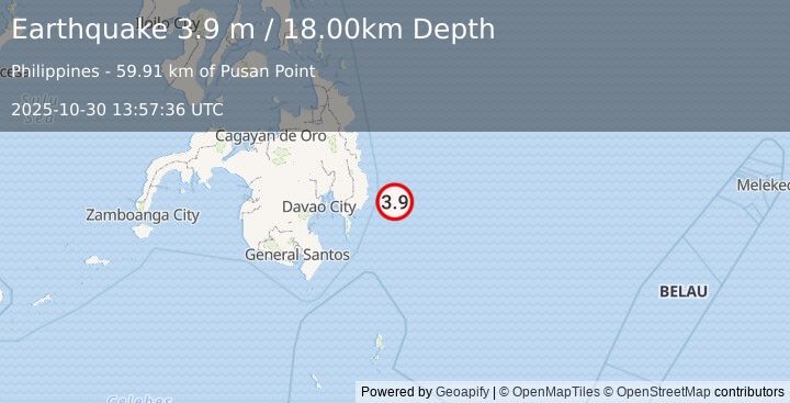 Earthquake PHILIPPINE ISLANDS REGION (3.9 m) (2025-10-30 13:57:36 UTC)