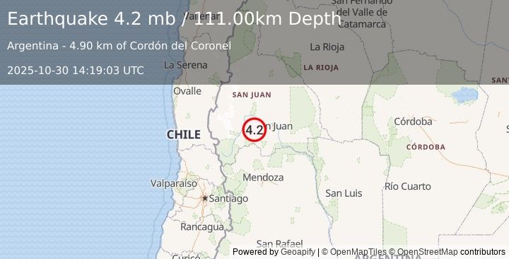 Earthquake SAN JUAN, ARGENTINA (4.2 mb) (2025-10-30 14:19:03 UTC)