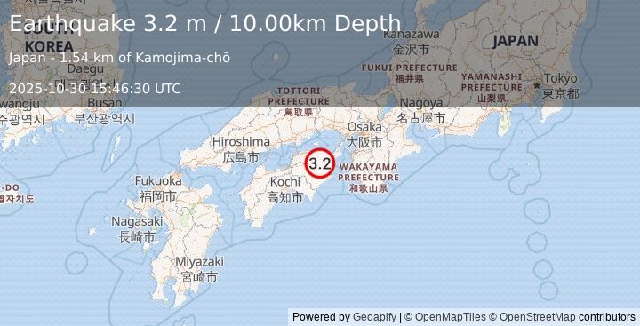 Earthquake NEAR S. COAST OF WESTERN HONSHU (3.2 m) (2025-10-30 15:46:30 UTC)