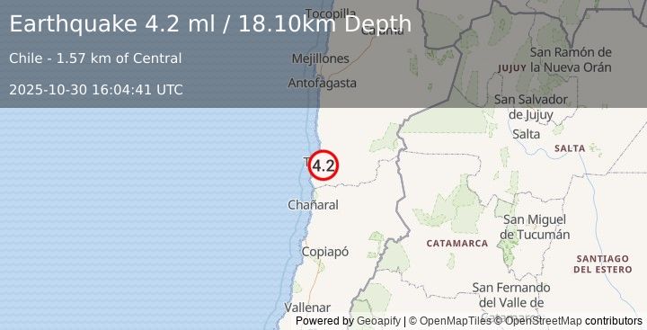 Earthquake ANTOFAGASTA, CHILE (3.9 ml) (2025-10-30 16:04:40 UTC)