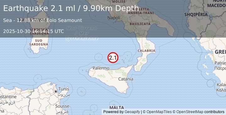 Earthquake SICILY, ITALY (2.1 ml) (2025-10-30 16:14:15 UTC)