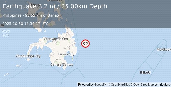 Earthquake PHILIPPINE ISLANDS REGION (3.2 m) (2025-10-30 16:36:17 UTC)