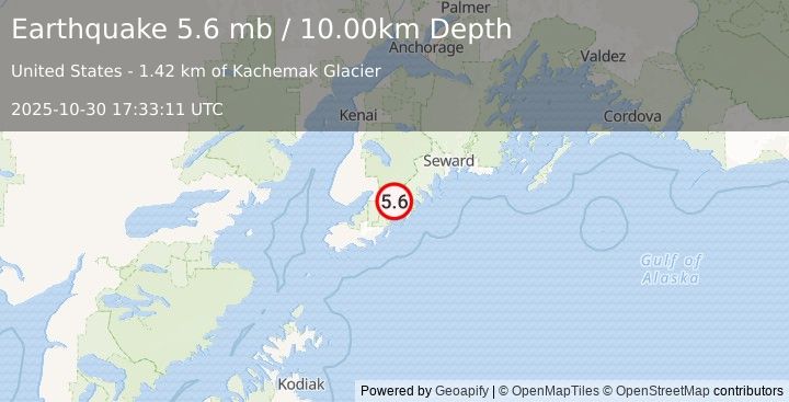 Earthquake KENAI PENINSULA, ALASKA (5.6 mb) (2025-10-30 17:33:14 UTC)