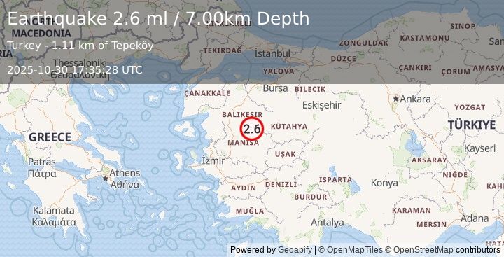 Earthquake WESTERN TURKEY (2.6 ml) (2025-10-30 17:35:27 UTC)