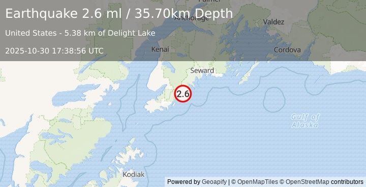 Earthquake KENAI PENINSULA, ALASKA (2.6 ml) (2025-10-30 17:38:56 UTC)