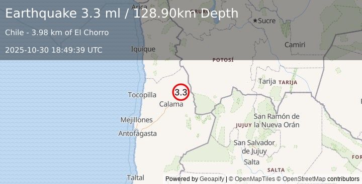Earthquake ANTOFAGASTA, CHILE (3.3 ml) (2025-10-30 18:49:39 UTC)