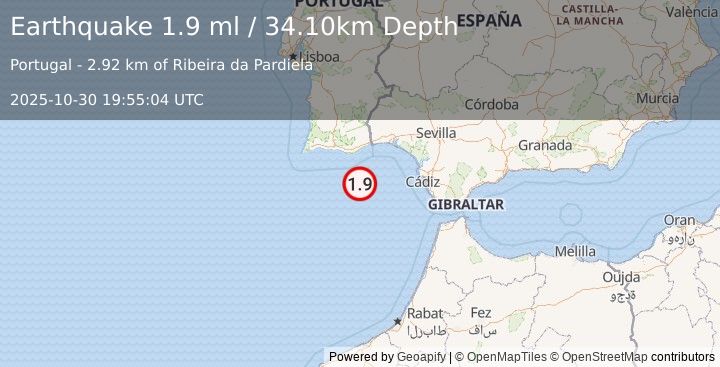 Earthquake STRAIT OF GIBRALTAR (1.9 ml) (2025-10-30 19:55:04 UTC)
