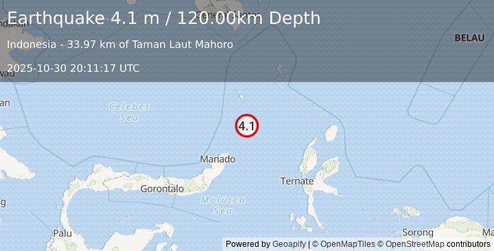 Earthquake KEPULAUAN SANGIHE, INDONESIA (4.1 m) (2025-10-30 20:11:17 UTC)