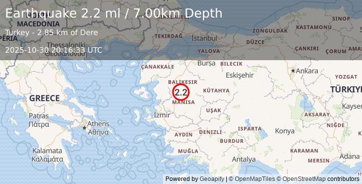 Earthquake WESTERN TURKEY (2.2 ml) (2025-10-30 20:16:32 UTC)