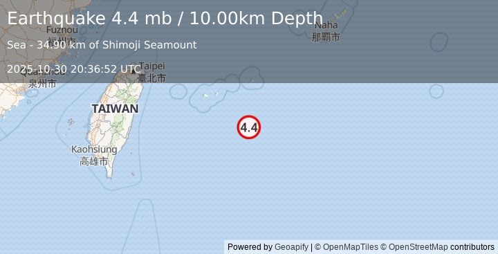 Earthquake SOUTHWESTERN RYUKYU ISL., JAPAN (4.4 mb) (2025-10-30 20:36:52 UTC)