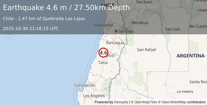 Earthquake LIBERTADOR O'HIGGINS, CHILE (4.6 m) (2025-10-30 21:16:15 UTC)