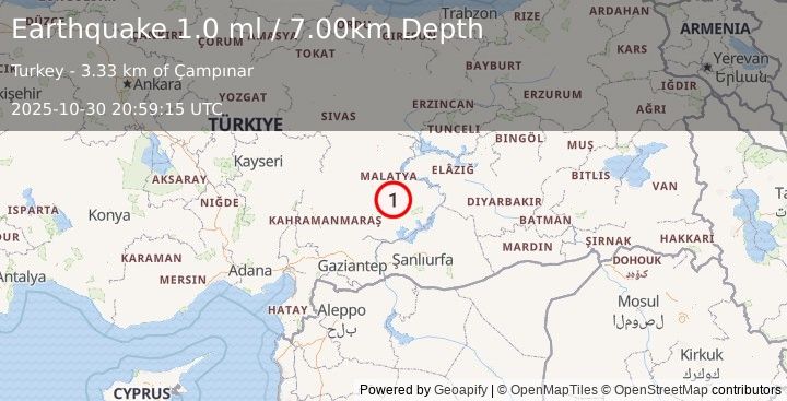 Earthquake EASTERN TURKEY (1.0 ml) (2025-10-30 20:59:15 UTC)