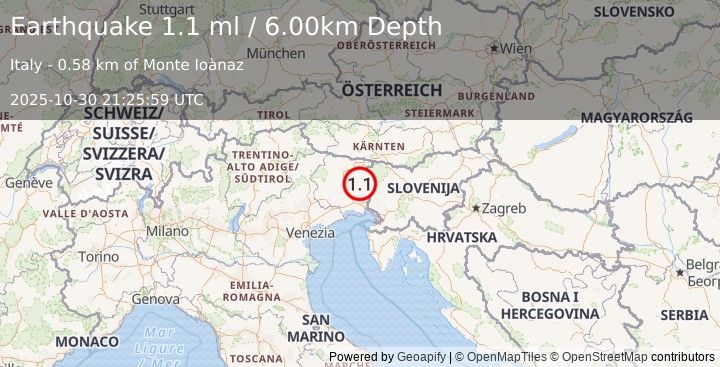 Earthquake NORTHERN ITALY (1.1 ml) (2025-10-30 21:25:59 UTC)