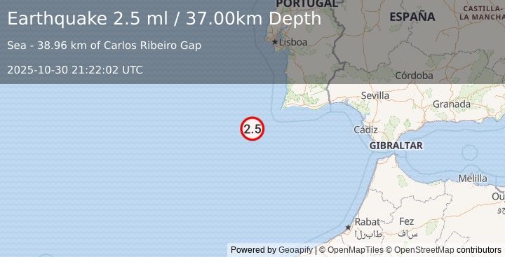 Earthquake WEST OF GIBRALTAR (2.5 ml) (2025-10-30 21:22:02 UTC)