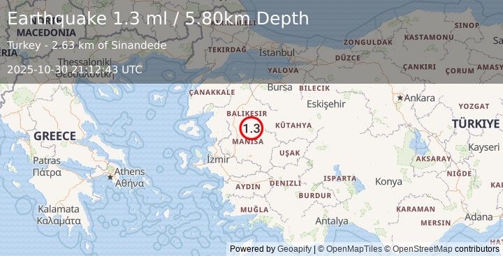 Earthquake WESTERN TURKEY (1.3 ml) (2025-10-30 21:12:42 UTC)